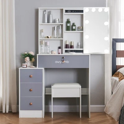 YAMISSI Schminktisch Frisiertisch Schminktisch mit 4 Schubladen 10 LED-Spiegel Hocker