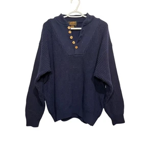 Eddie Bauer Vintage Henley Cable Tejido Azul Marino Pescador Suéter Hombre Mediano Abuelo - Imagen 1 de 6