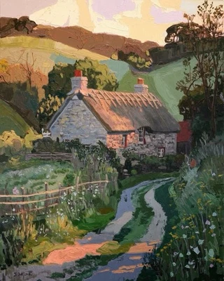 Spring Hillside Cottage | Paisaje del hogar de jardín pastel | Impresión de bellas artes de museo Foto 1 de 2