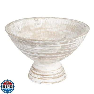 Creative Co-Op Boho Wood Pedestal Serving Bowl, White Wash Finish - Image 1 of 4