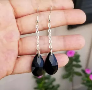 Large Black Crystal Earrings, Teardrop Black Crystal Dangle Earrings - Picture 1 of 5