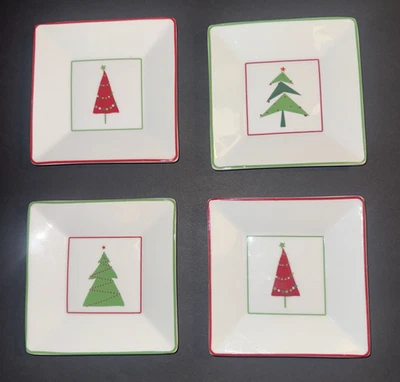 CRATE & BARREL  Appetizer  TAPAS Plates Christmas Tree Set 4 Green & Red EUC - Image 1 of 4
