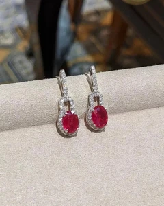 2.10 Ct Oval Cut Natural Red Ruby & Diamond Earring Stud 14K Solid White Gold - Picture 1 of 4