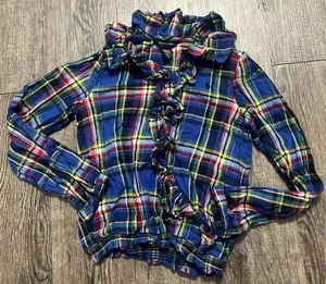 Ralph Lauren Girls Plaid Ruffle Vneck Puffed Sleeve Banded Hem Top Blouse Sz 8 - Picture 1 of 7