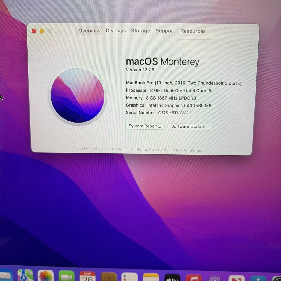 MacBook Pro 13" A1706 2016 Logic Board i5 2 Ghz 8gb S4029 - Image 1 of 1