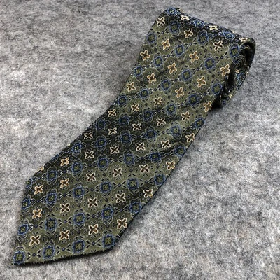 Мужской зеленый шелковый галстук ручной работы с геометрическим узором Oscar de la Renta - Изображение 1 из 4