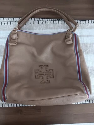 Tory Burch Harper 条纹托特包皮革单肩包棕褐色秋季 Lg 3 隔层  — 第 1/4 张图片