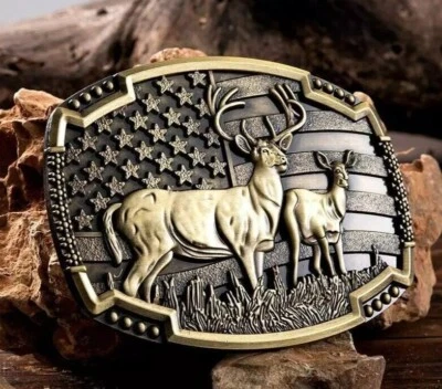 American Flag Deer Hunting Belt Buckle – Buck & Doe, Antique Bronze Western - Image 1 of 4