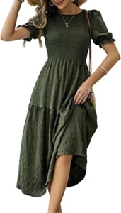 Women's Casual Dress Ruffle Puff Short Sleeve Dress Shirred Maxi Dress M Size - Picture 1 of 7