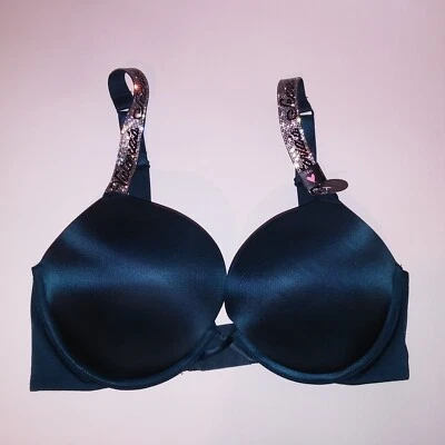Victoria Secret Bra 34D Bombshell Push Up Shine Strap Logo Dark Teal Plunge New - Image 1 of 4