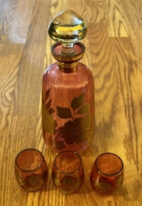 Vintage Bohemian Czech Cranberry Red Gold Crystal Glass Decanter Set Shot Glass - Picture 1 of 8