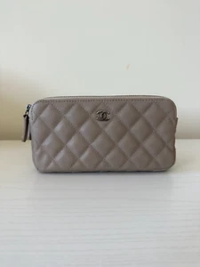 Authentic Chanel Double Zip Clutch with Chain Caviar Beige Tan Silver - Picture 1 of 8
