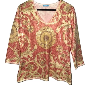 J. McLaughlin Womens Top S Baroque Sequin Sunflower Coral Gold V Neck Shimmer - Picture 1 of 6