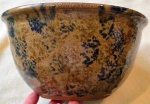 Vintage 5 1/2" Blue & Brown Spongeware Mixing Bowl, ovoid shaped - Picture 1 of 11