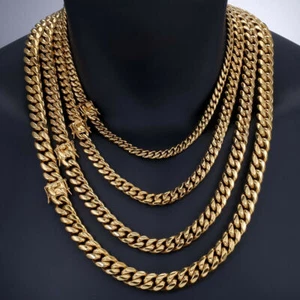 Mens Miami Cuban Link Bracelet Or Chain 18k Gold Plated Stainless Steel 8mm-14mm - Picture 1 of 11
