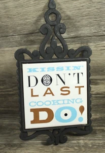 Vintage Cast Iron/Ceramic Tile Kitchen Trivet-Kissin' Don't Last Cookin' Do - Picture 1 of 4