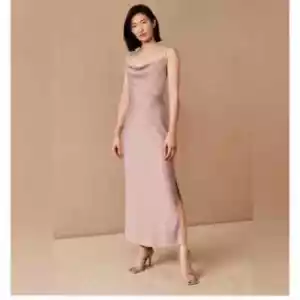 Vestido sin Mangas BHLDN Cali Satinado Para Mujer Talla 4 Rosa Rubor Capucha Cuello Midi Sedoso Nuevo con Etiquetas - Imagen 1 de 16
