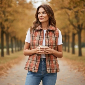 Southern Lady Quilted Plaid Vest Womens 1X Sleeveless Fall Autumn - Picture 1 of 14