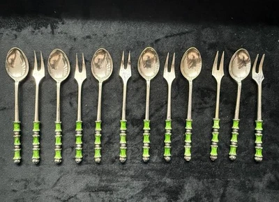 Conjunto de 12 colheres e garfos vintage de prata – alças de esmalte verde estilo bambu - Imagem 1 de 4