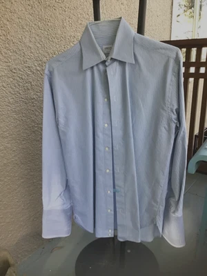 Camisa de vestir Armani Collezione puño francés azul a rayas algodón talla UE 38/ EE. UU. 15 Foto 1 de 4