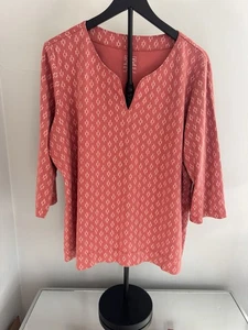 L.L. Bean 3X Plus Supima Cotton Split-Neck Top Coral Pink Ikat Print Casual - Picture 1 of 6