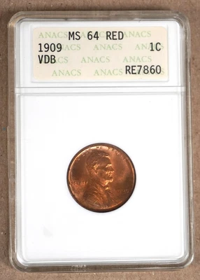 1909 VDB LINCOLN CENT ANACS M64 RED RE7860 - OLD HOLDER - Image 1 of 4