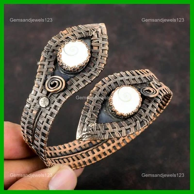 Friendship Day Sale Copper Shiva Eye Shell Gemstone Wire Wrapped Bangle Bracelet - Image 1 of 4
