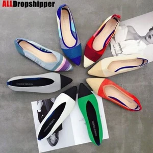 Color Casual Women Soft Shoes Breathable Knit Pointed Shoes Flat Shoes Ballet - Picture 1 of 57