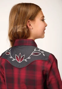 Roper Girls Red/Charcoal Cotton Blend Flower L/S Shirt - Picture 1 of 4