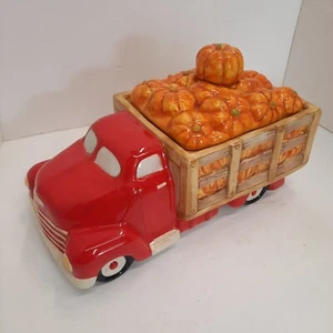Pier 1 Ceramic Cookie Jar Red Truck Full of Pumpkins Fall Halloween Farm - Picture 1 of 6