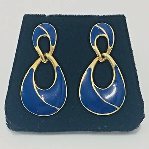 Vintage 80s Door Knocker Earrings Blue Enamel Gold Tone Post Pierced - Picture 1 of 5