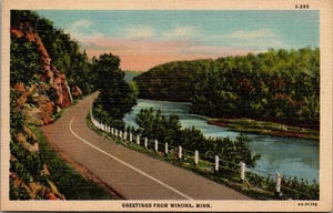 Tarjeta postal de lino de carretera Saludos desde WINONA, Minnesota MN - Imagen 1 de 2