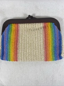 Vintage Knotted Raffia Woven Rainbow Stripe Clutch Bag Retro Hong Kong MCI - Picture 1 of 6