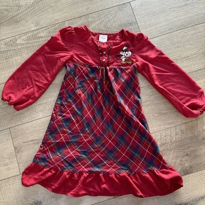 Disney Store Christmas Plaid Embroidered Minnie & Mickey Mouse Nightgown 5/6 - Image 1 of 4