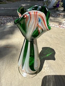 Vintage MCM Gorgeous Green Swirl Pedestal Murano Vase Puffed Edges - Picture 1 of 12