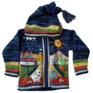 Hand Knit Wool Animals Cardigan Sweater w Hood Made in Peru Size 3 Toddler - Picture 1 of 11