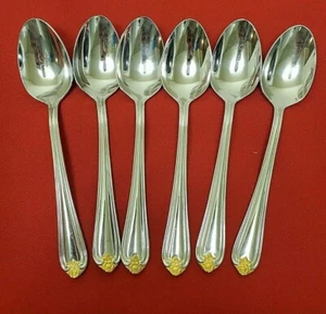 6 Reed & Barton Edelstahl Suppen-/Dessertlöffel mit Gold Rose Akzent 11403 - Bild 1 von 5