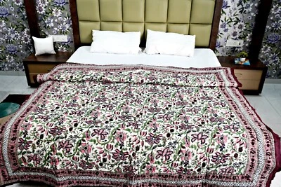 Hand Block Floral Printed Quilt 100% Cotton Jaipuri Razai Reversible Quilt Throw - Image 1 of 4