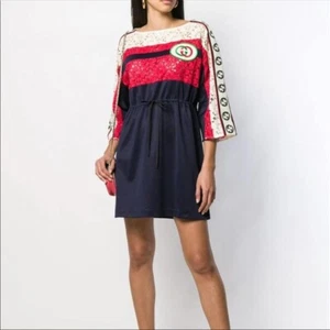 Nwt $2,500 Gucci Embroidered GG Logo Patch Striped Lace Dress Size Small - Picture 1 of 10