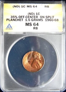 196X LINCOLN MEMORIAL CENT PENNY, 35% OFF CENTER ON SPLIT PLANCHET ANACS MS64 RB - Picture 1 of 4