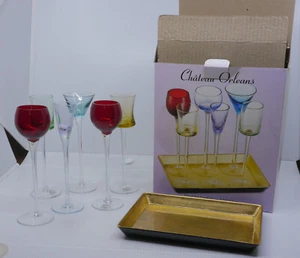 SIX (6) CHATEAU ORLEANS BY HOME ESSENTIALS GLASS CORDIALS, w TRAY & ORIGINAL BOX - Picture 1 of 9
