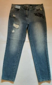 NEXT Boy fit Mid Rise Rigid distressed + embroidered blue denim jeans UK 12R NWT - Picture 1 of 12
