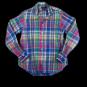 Polo Ralph Lauren Sea Soft Plaid Linen Preppy Mens button shirt Slim Large EUC - Picture 1 of 5
