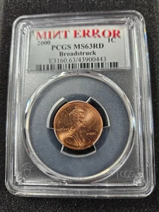 🌟 2000 Lincoln Cent Mint Error Broadstruck Coin PCGS Graded MS63 RD - Picture 1 of 2