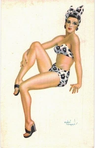 Andre Bermond Risque Pin Up Model In Black & White Bathing Suit Headdress 1950 - Picture 1 of 2