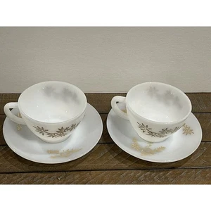Vintage White Glass Federal Glass Tea Cup Saucer Sets With Golden Flower (2) - Picture 1 of 7