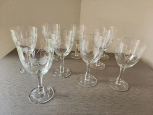 Cut Crystal Etched Rose & Leaves Water Wine Goblets Glasses 7" Set of 9 - Picture 1 of 9