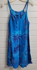 Cabali Womens Sundress Blue With Dolphins and Palm Trees Hawaiian Dress Size Med - Picture 1 of 10