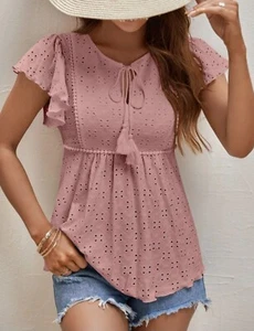 Damen-T-Shirt mit Bindeband und Rüschenärmeln Laserschnitt lässig Schößchen Shirt Tops Medium - Bild 1 von 5