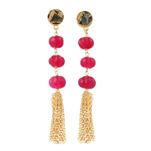 Copper Turquoise Gold Plated Pink Quartz Stud Dangle Earrings 4 Stone Earring - Picture 1 of 3